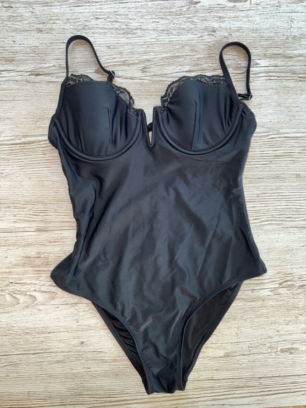 NWT CupShe Tummy Control Black Lace-Trim One-Piece Swimsuit Bathing Suit M